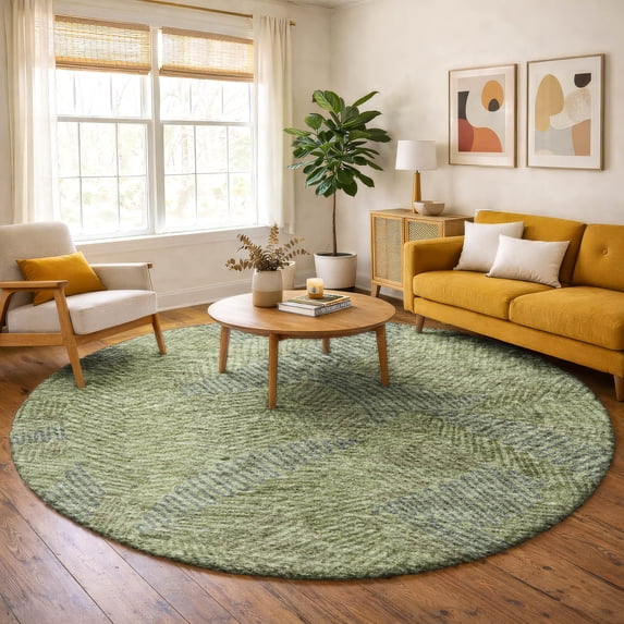 Addison Rugs Dream Shag Premium Machine Washable Transitional Tropical, Leaves, Botanical Green Round Rug, 8' x 8'