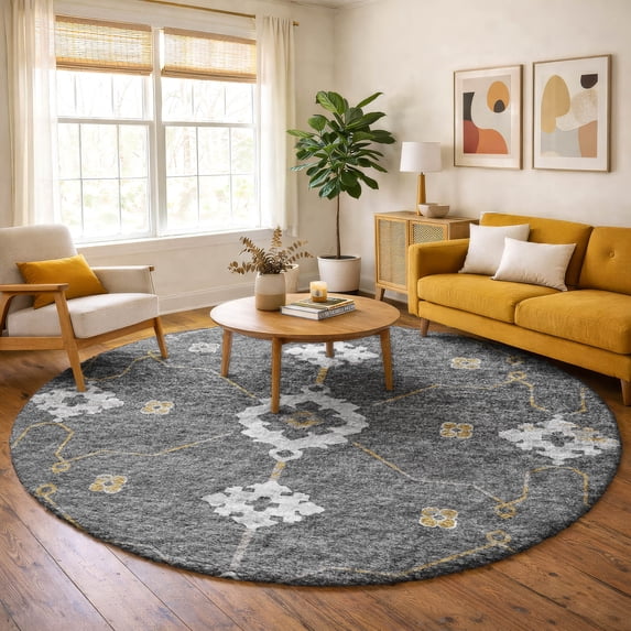 Addison Rugs Dream Shag Premium Machine Washable Transitional Open Field, Ornate Gray Round Rug, 8' x 8'