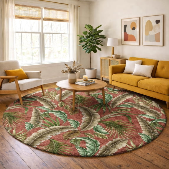 Addison Rugs Dream Shag Premium Machine Washable Transitional Leaves Spice Round Rug, 8' x 8'