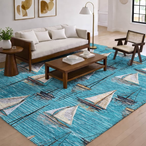 Addison Rugs Dream Shag Premium Machine Washable Transitional Sailboat Teal Rectangle Rug, 5' x 7'6"