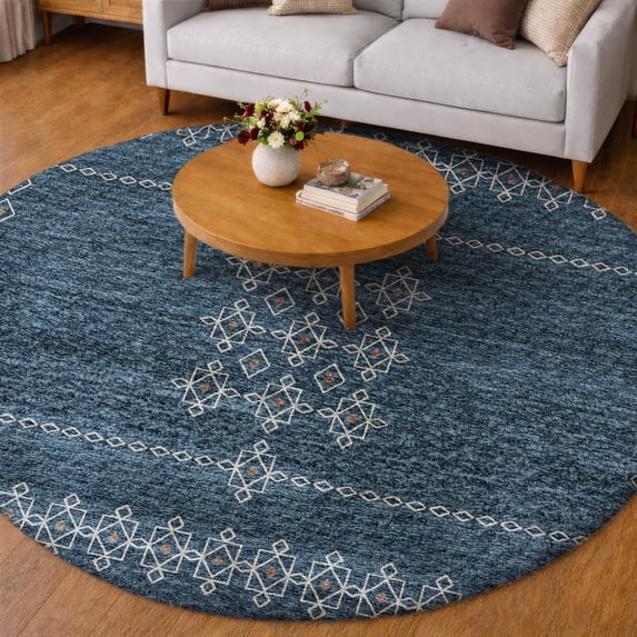 Addison Rugs Dream Shag Premium Machine Washable Transitional Tribal, Boho Blue Round Rug, 8' x 8'