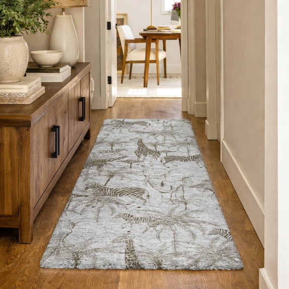 Addison Rugs Dream Shag Premium Machine Washable Transitional Palms & Safari Animals Fog Runner Rug, 2'3" x 7'6"