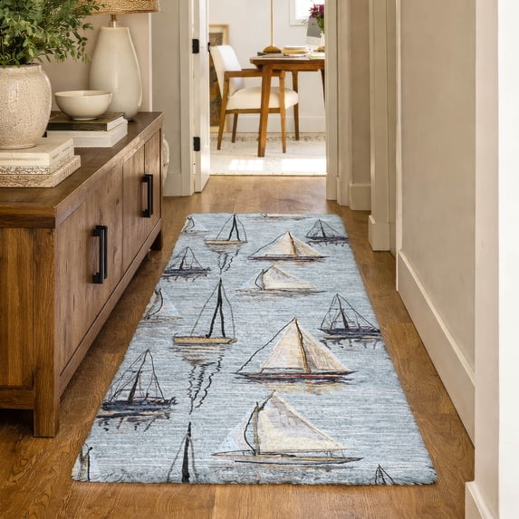 Addison Rugs Dream Shag Premium Machine Washable Transitional Sailboat Sky Runner Rug, 2'3" x 7'6"