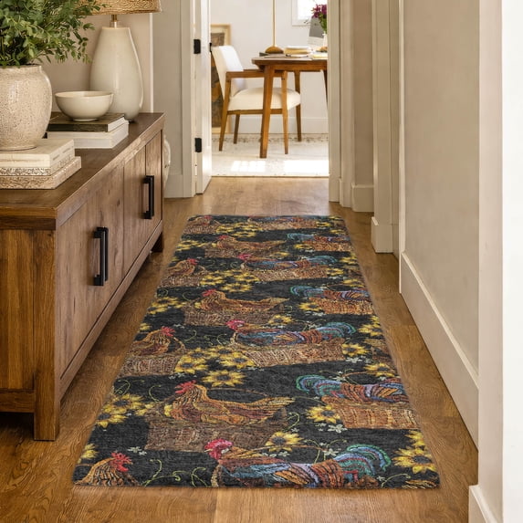 Addison Rugs Dream Shag Premium Machine Washable Transitional Rooster In Basket Midnight Runner Rug, 2'3" x 7'6"