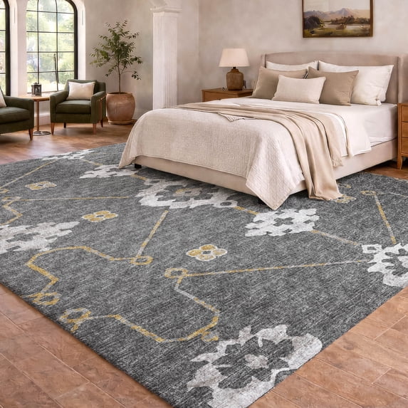Addison Rugs Dream Shag Premium Machine Washable Transitional Open Field, Ornate Gray Rectangle Rug, 3' x 5'