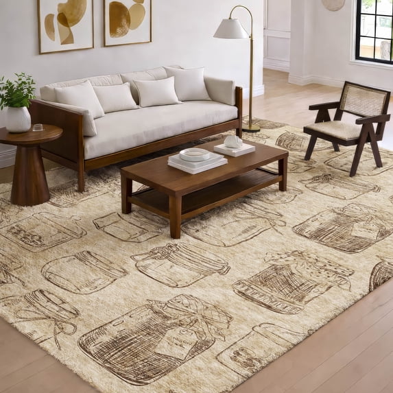 Addison Rugs Dream Shag Premium Machine Washable Transitional Mason Jars Beige Rectangle Rug, 5' x 7'6"