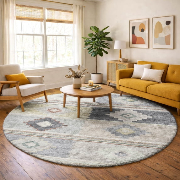 Addison Rugs Dream Shag Premium Machine Washable Transitional Aztec Gray Round Rug, 8' x 8'