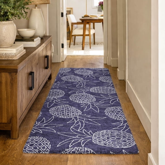 Addison Rugs Dream Shag Premium Machine Washable Transitional Pineapples Blue Runner Rug, 2'3" x 7'6"