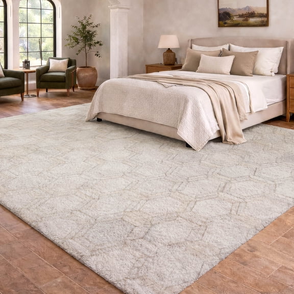 Addison Rugs Dream Shag Premium Machine Washable Transitional Double Octagons Ivory Rectangle Rug, 3' x 5'