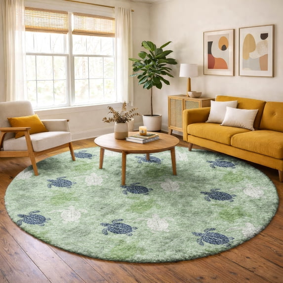 Addison Rugs Dream Shag Premium Machine Washable Transitional Turtles Green Round Rug, 8' x 8'