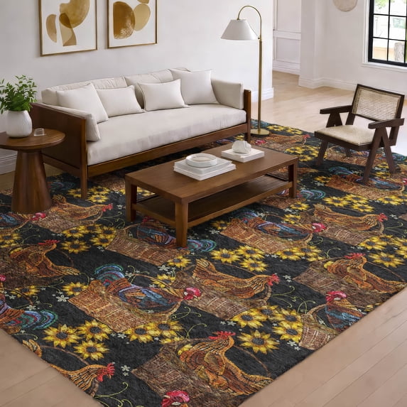 Addison Rugs Dream Shag Premium Machine Washable Transitional Rooster In Basket Midnight Rectangle Rug, 9' x 12'