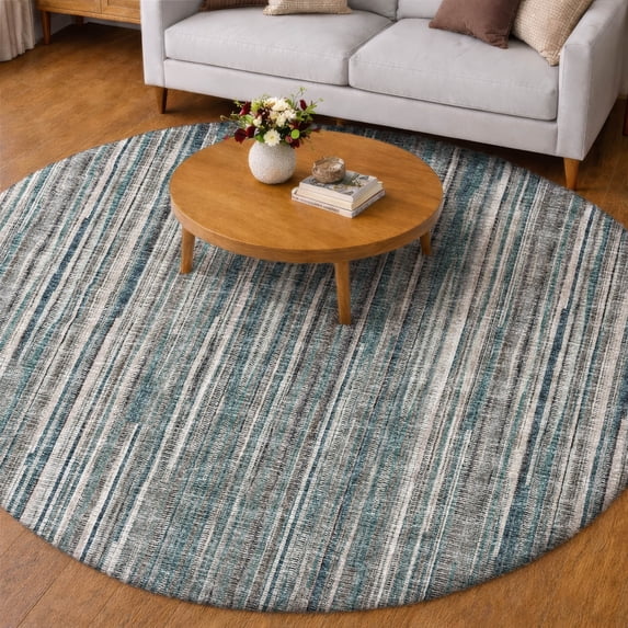 Addison Rugs Dream Shag Premium Machine Washable Transitional Textured Stripes Peacock Round Rug, 8' x 8'