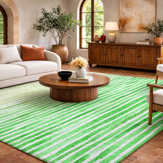 Addison Rugs Dream Shag Premium Machine Washable Transitional Stripes Green Rectangle Rug, 5' x 7'6"
