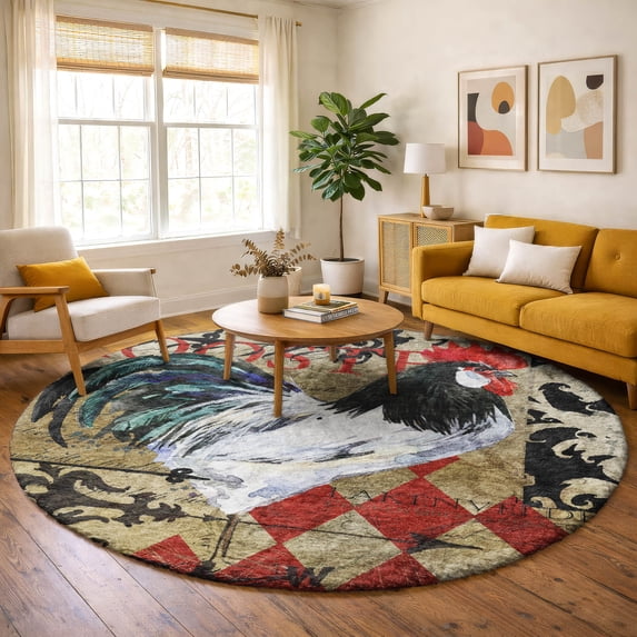 Addison Rugs Dream Shag Premium Machine Washable Transitional Rooster Diamond Midnight Round Rug, 8' x 8'