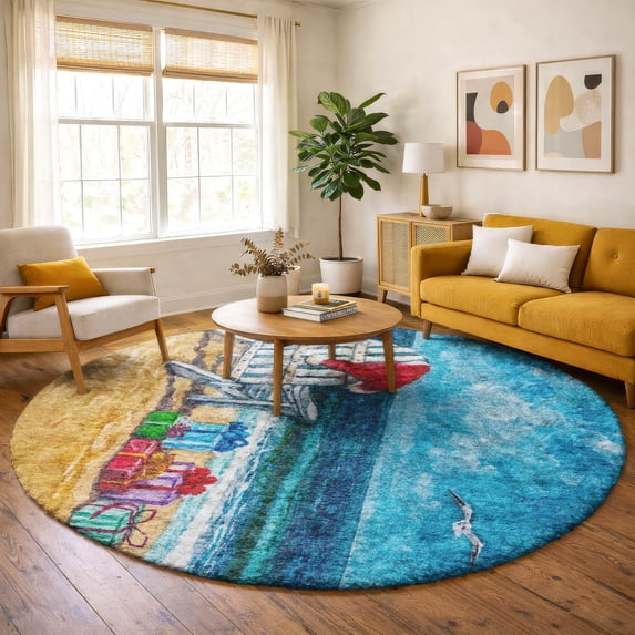 Addison Rugs Dream Shag Premium Machine Washable Transitional Beach Blue Round Rug, 8' x 8'
