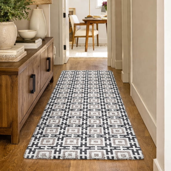 Addison Rugs Dream Shag Premium Machine Washable Transitional Modern Squares Black Runner Rug, 2'3" x 7'6"
