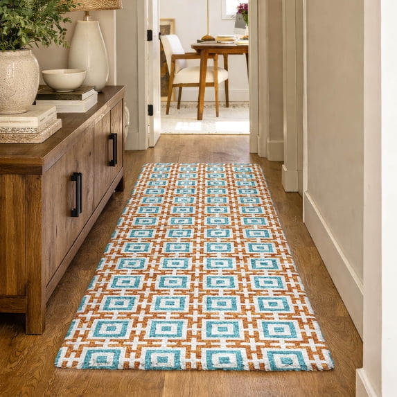 Addison Rugs Dream Shag Premium Machine Washable Transitional Modern Squares Orange Runner Rug, 2'3" x 7'6"