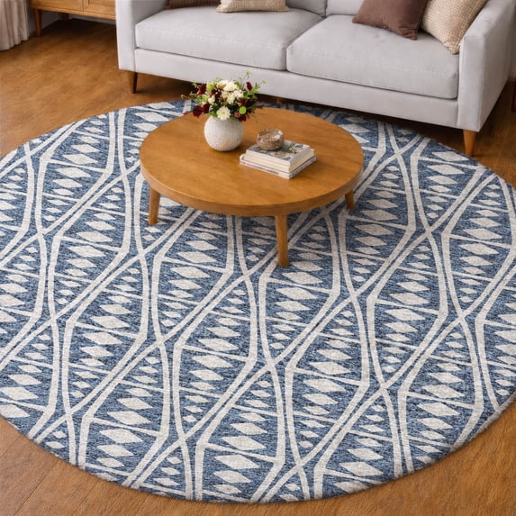 Addison Rugs Dream Shag Premium Machine Washable Transitional Tribal, Boho Blue Round Rug, 8' x 8'