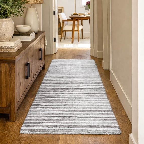 Addison Rugs Dream Shag Premium Machine Washable Transitional Stripes Gray Runner Rug, 2'3" x 7'6"