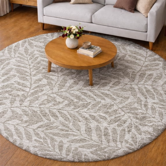 Addison Rugs Dream Shag Premium Machine Washable Transitional Tropical, Leaves, Botanical Taupe Round Rug, 8' x 8'