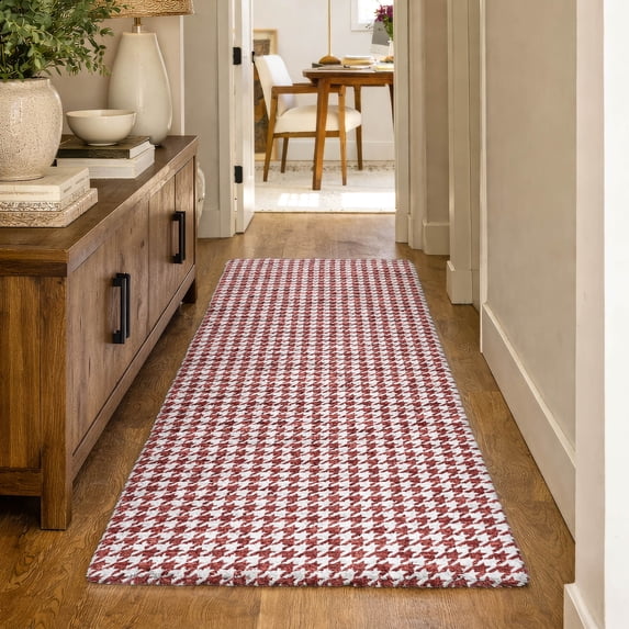 Addison Rugs Dream Shag Premium Machine Washable Transitional Houndstooth Red Runner Rug, 2'3" x 7'6"