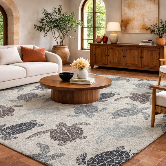 Addison Rugs Dream Shag Premium Machine Washable Transitional Turtles Sand Rectangle Rug, 8' x 10'