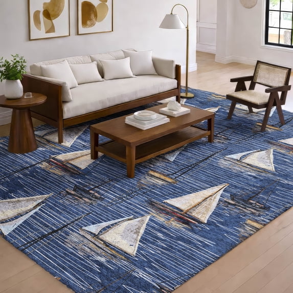 Addison Rugs Dream Shag Premium Machine Washable Transitional Sailboat Navy Rectangle Rug, 3' x 5'