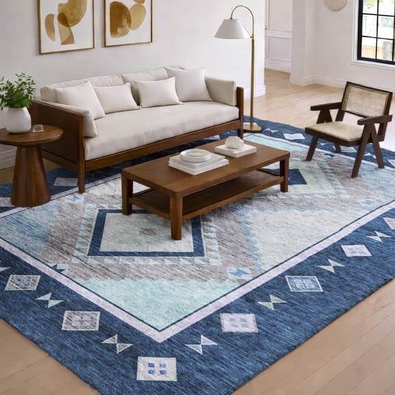 Addison Rugs Dream Shag Premium Machine Washable Transitional Aztec Blue Rectangle Rug, 3' x 5'