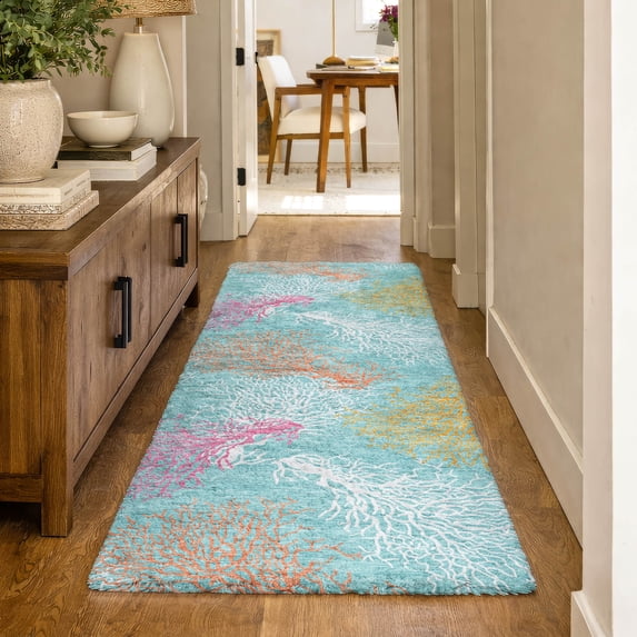 Addison Rugs Dream Shag Premium Machine Washable Transitional Coral Aqua Runner Rug, 2'3" x 7'6"