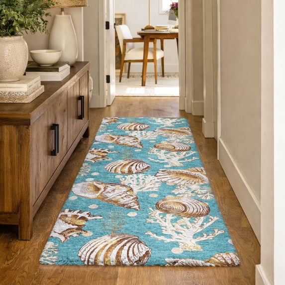 Addison Rugs Dream Shag Premium Machine Washable Transitional Shells Aqua Runner Rug, 2'3" x 7'6"