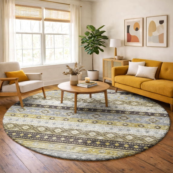 Addison Rugs Dream Shag Premium Machine Washable Transitional Tribal, Diamond Gilded Round Rug, 8' x 8'