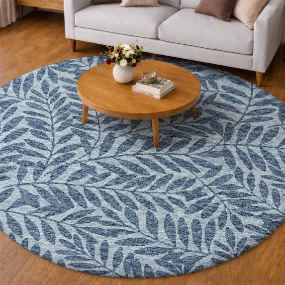 Addison Rugs Dream Shag Premium Machine Washable Transitional Tropical, Leaves, Botanical Blue Round Rug, 8' x 8'