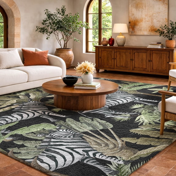 Addison Rugs Dream Shag Premium Machine Washable Transitional Palms & Zebras Midnight Rectangle Rug, 9' x 12'