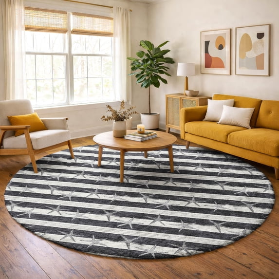 Addison Rugs Dream Shag Premium Machine Washable Transitional Starfish Midnight Round Rug, 8' x 8'