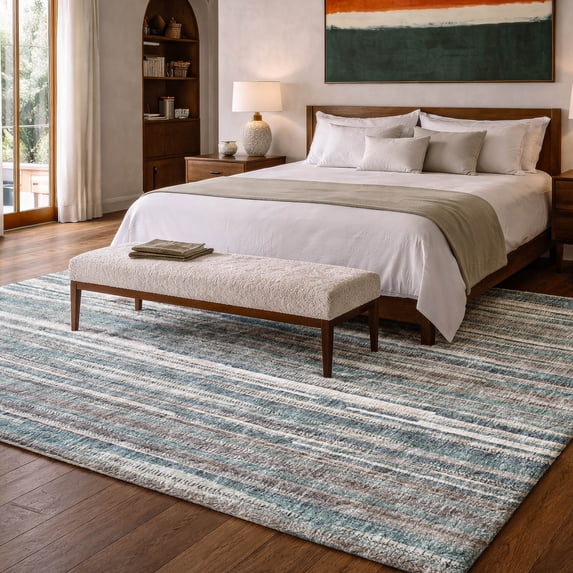 Addison Rugs Dream Shag Premium Machine Washable Transitional Textured Stripes Peacock Rectangle Rug, 5' x 7'6"