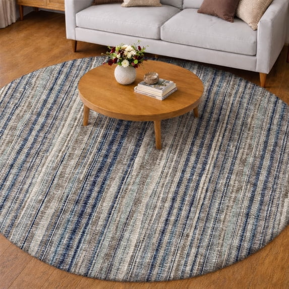 Addison Rugs Dream Shag Premium Machine Washable Transitional Textured Stripes Earth Round Rug, 8' x 8'