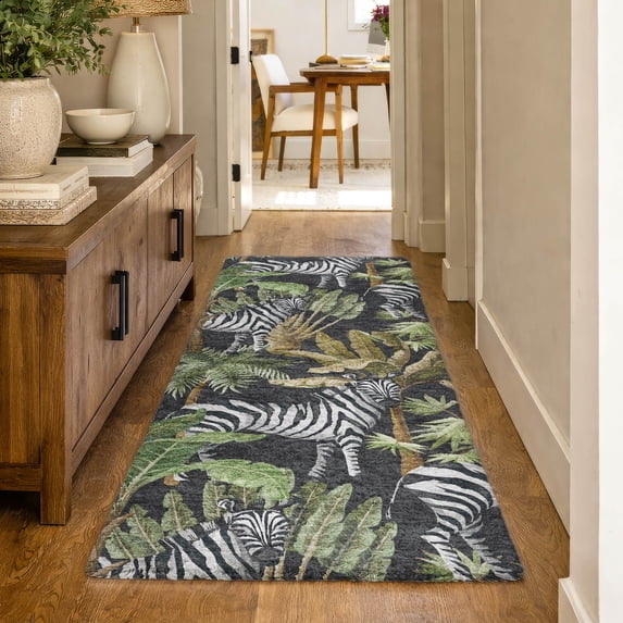 Addison Rugs Dream Shag Premium Machine Washable Transitional Palms & Zebras Midnight Runner Rug, 2'3" x 7'6"
