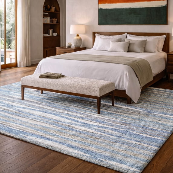 Addison Rugs Dream Shag Premium Machine Washable Transitional Textured Stripes Blue Rectangle Rug, 5' x 7'6"