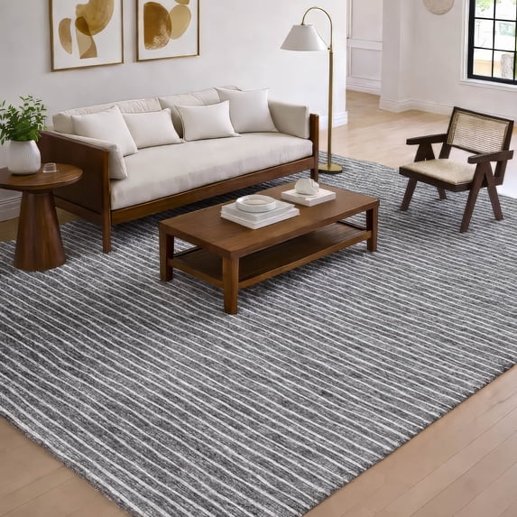 Addison Rugs Dream Shag Premium Machine Washable Transitional Stripes Gray Rectangle Rug, 5' x 7'6"