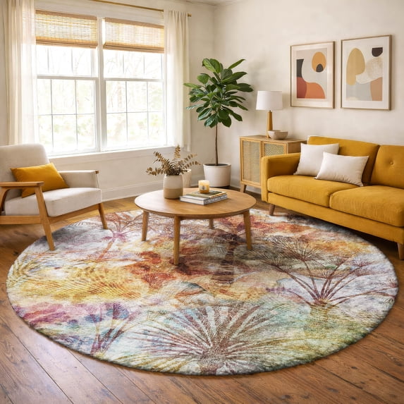 Addison Rugs Dream Shag Premium Machine Washable Transitional Palms Multi Round Rug, 8' x 8'