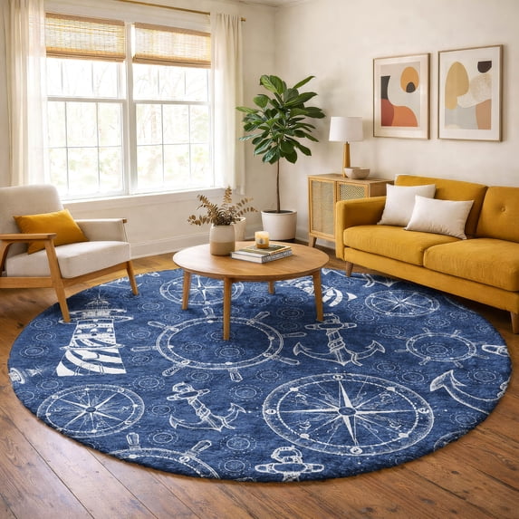 Addison Rugs Dream Shag Premium Machine Washable Transitional Nautical Navy Round Rug, 8' x 8'