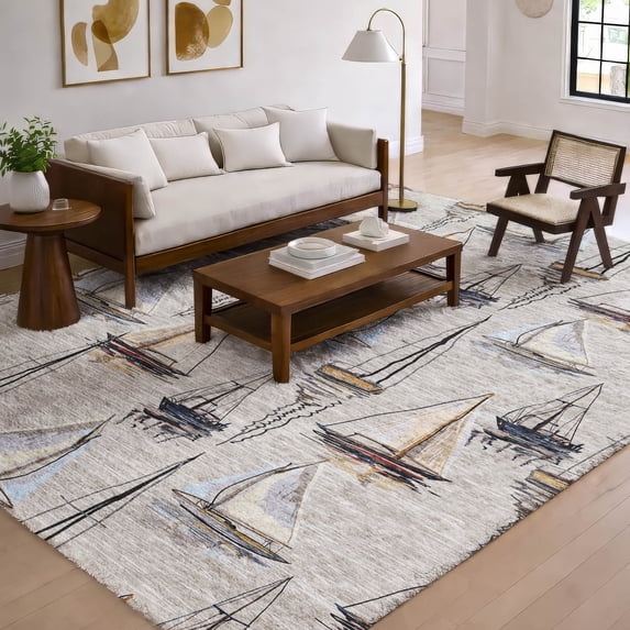 Addison Rugs Dream Shag Premium Machine Washable Transitional Sailboat Ivory Rectangle Rug, 8' x 10'