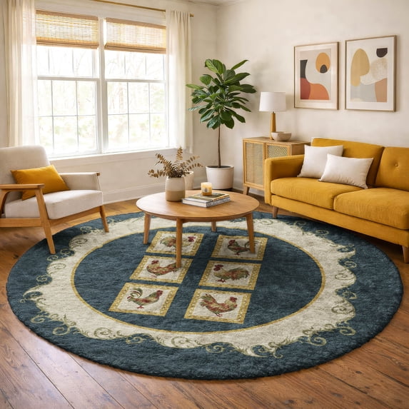 Addison Rugs Dream Shag Premium Machine Washable Transitional Rooster Panel Midnight Round Rug, 8' x 8'