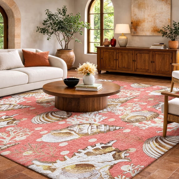 Addison Rugs Dream Shag Premium Machine Washable Transitional Shells Peach Rectangle Rug, 3' x 5'