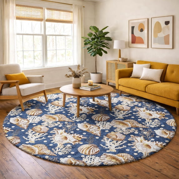Addison Rugs Dream Shag Premium Machine Washable Transitional Shells Blue Round Rug, 8' x 8'