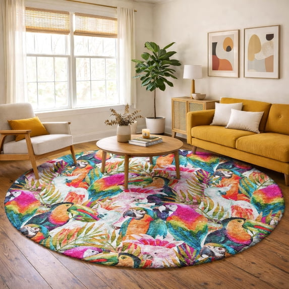Addison Rugs Dream Shag Premium Machine Washable Transitional Tropical Birds Multi Round Rug, 8' x 8'
