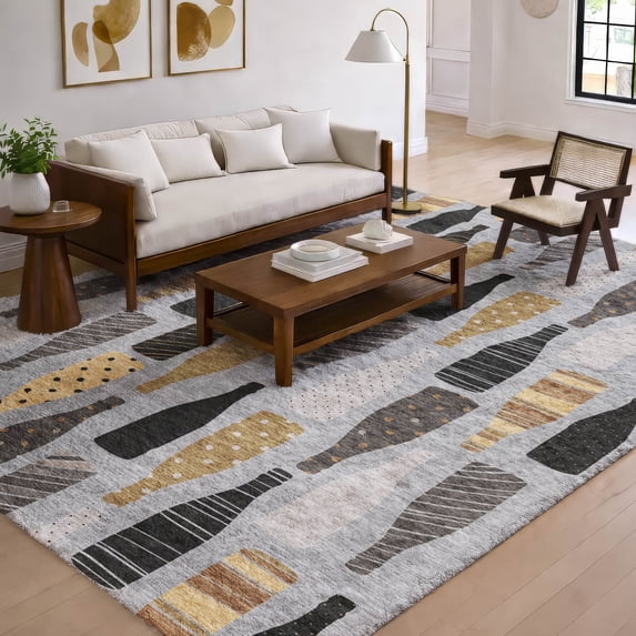 Addison Rugs Dream Shag Premium Machine Washable Transitional Wine Bottles Gray Rectangle Rug, 3' x 5'
