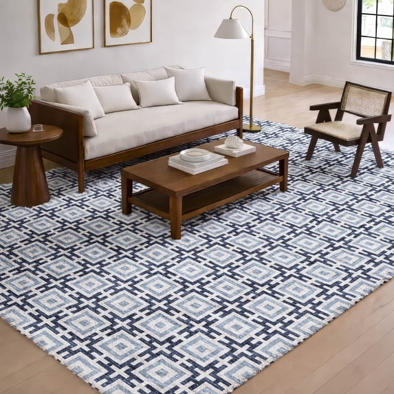 Addison Rugs Dream Shag Premium Machine Washable Transitional Modern Squares Navy Rectangle Rug, 10' x 14'