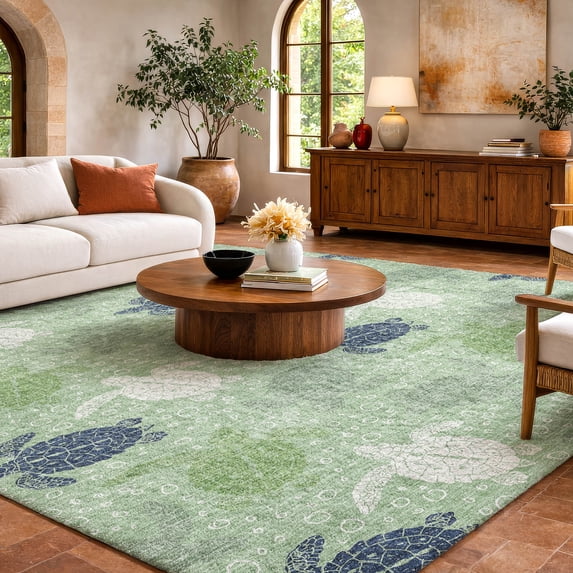 Addison Rugs Dream Shag Premium Machine Washable Transitional Turtles Green Rectangle Rug, 5' x 7'6"