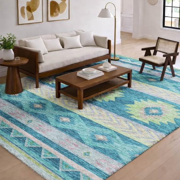 Addison Rugs Dream Shag Premium Machine Washable Transitional Aztec Peacock Rectangle Rug, 3' x 5'